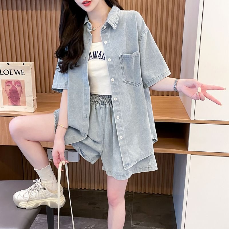 シャツ パンツ ゆったり デニム 春夏 カジュアル 大きいサイズ 前開き 春 夏 ハーフ セットアップ ポリエステル
