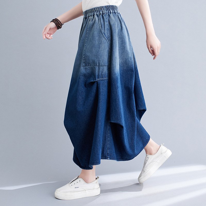スカート スリム デニム 秋 フレア 上品 ロング ハーフ フレアスカート ポリエステル