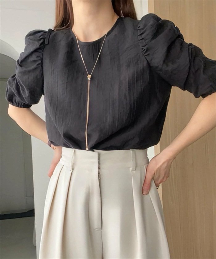 レディース シャツ トップス 半袖 ゆったり 春夏 カジュアル 前開き 春 夏 ラウンドネック タイト 細身 シフォン パフスリーブ 切り替えデザイン タイ レギュラー 柔らかい 着痩せ