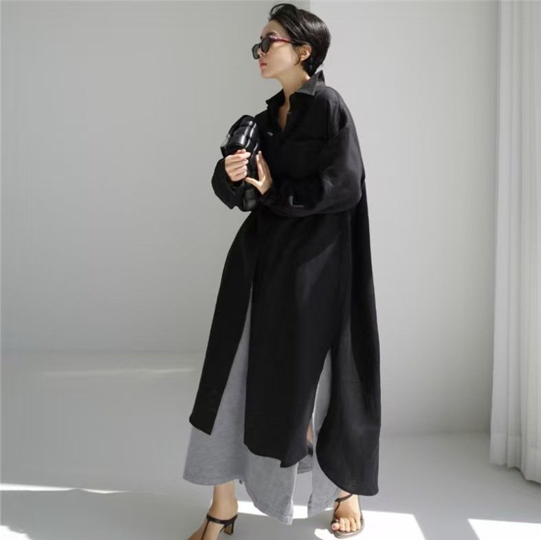 ドレス 長袖 無地 春夏 カジュアル きれいめ 春 夏 膝上 シンプル 秋 ミモレ ロング 上品 スリット ハイウエスト シック