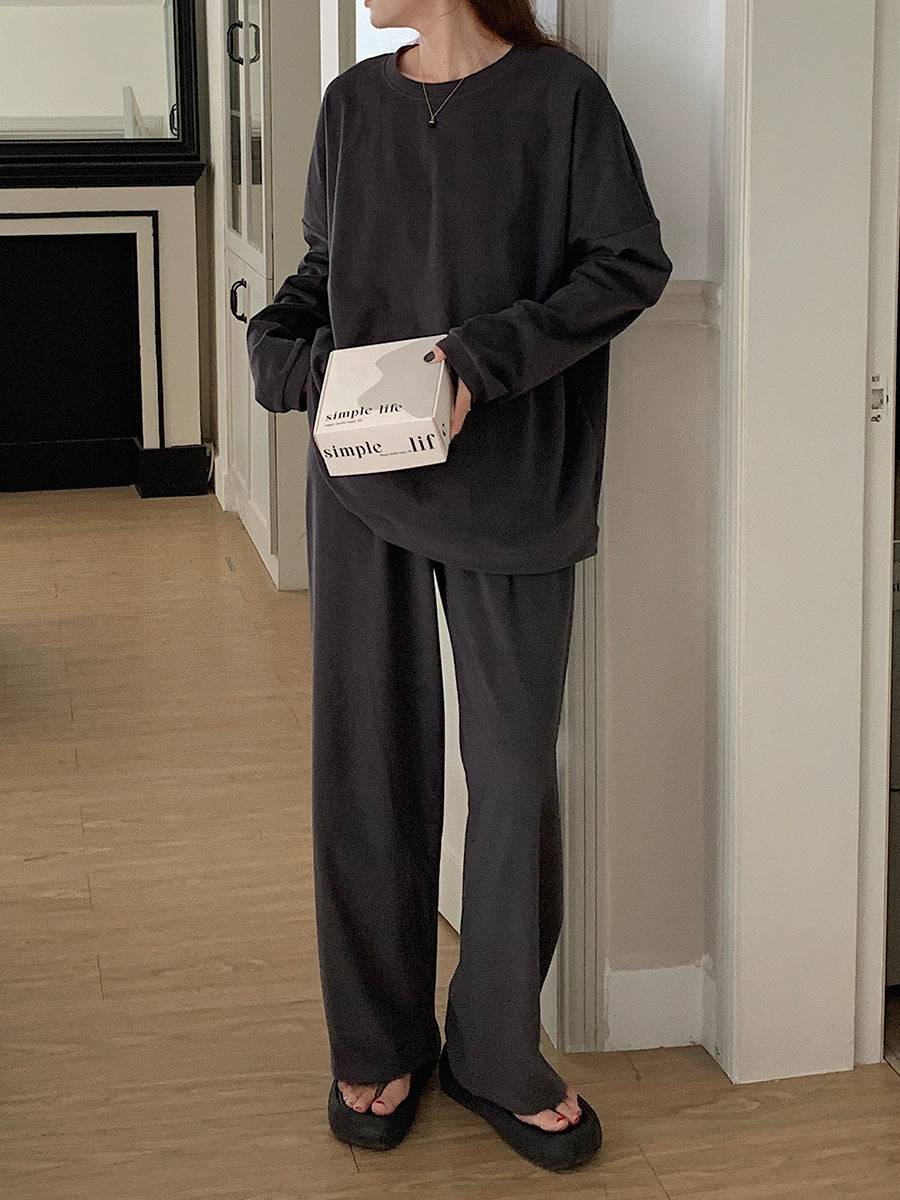 レディース トップス パンツ ボトムス ルームウェア パジャマ プルオーバー 部屋着 セットアップ 2点セット 上下セット 裏起毛 寝巻き ロング ミドル丈 長袖 ドロップショルダー ラウンドネック 襟なし ワイド オーバーサイズ  かわいい シンプル カジュアル ラフ こなれ感 ベーシック 無地 秋 冬 ママ お泊まり リゾート 旅行 休日 ホテル お家時間 楽ちん M L XL 2XL 大きいサイズ ゆったり ブラック ピンク ベーシックカラー