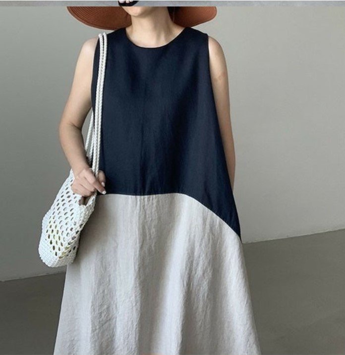 ドレス ノースリーブ 無地 春夏 袖なし 春 夏 膝上 ラウンドネック シンプル ロング シック