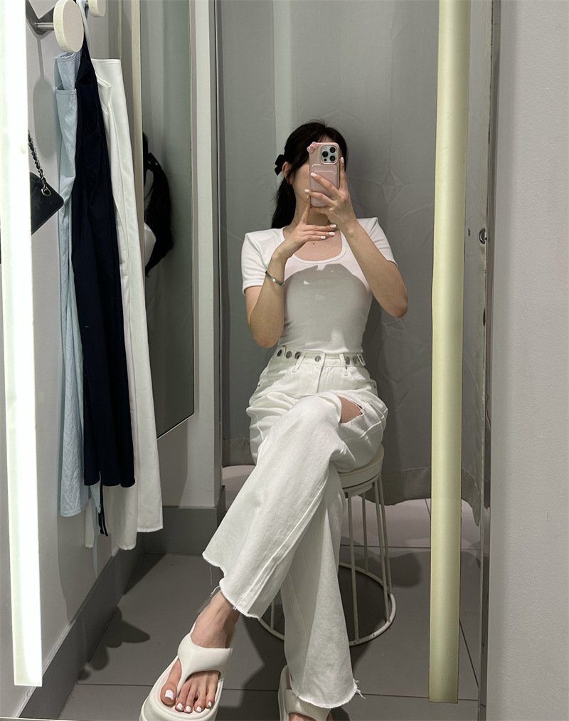 レディース パンツ ワイド コットン 綿 デニム 春夏 きれいめ 通勤 春 夏 ロング ストレート デニムパンツ ハイウエスト ヴィンテージ 都会的 ダメージ ウォッシュ