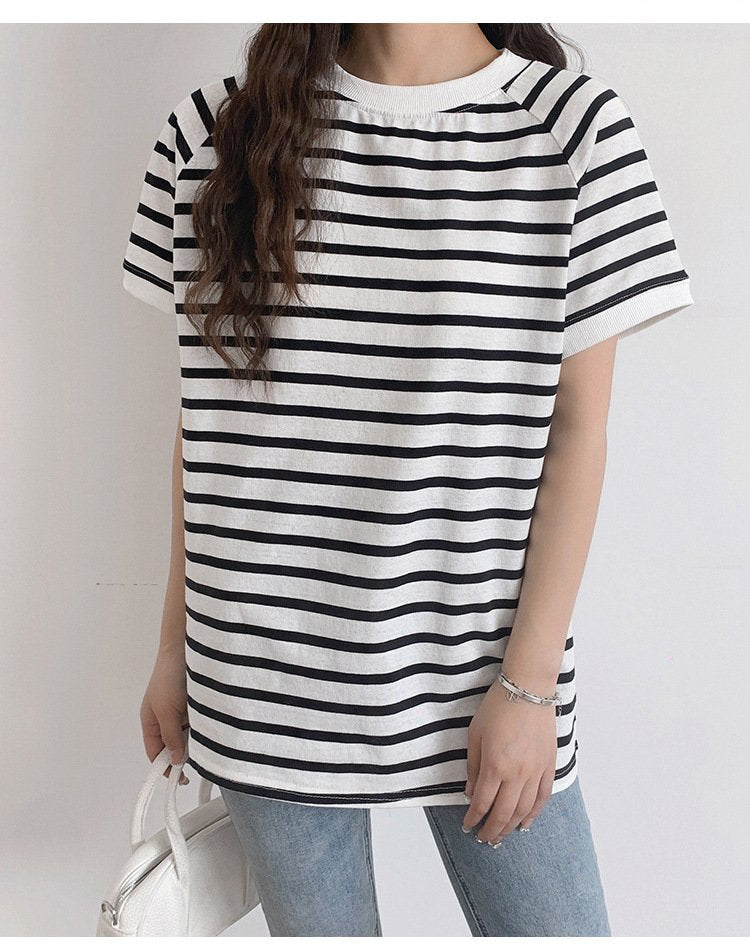 レディース Tシャツ 半袖 ボーダー ストライプ ゆったり コットン 綿 春夏 カジュアル 春 夏 ラウンドネック ハイネック シャツ ハーフ ラグラン