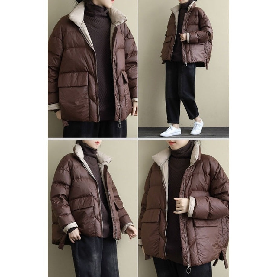レディース ジャケット コート ダウン アウター ダウンコート ショート 長袖 スタンドカラー ファスナー ポケット バイカラー シンプル カジュアル おしゃれ ラフ ボーイッシュ スポーティー ルーズ 主役級 存在感 ベーシック アクティブ 無地 冬 クリスマス バレンタイン OL 通勤 デート お出かけ アウトドア イベント 旅行 公園 女子会 休日 高原 ガーデン ショッピング コンサート カフェ ランチ 暖かい 防寒 普段使い 着回し 定番 S M 茶色 ブラウン
