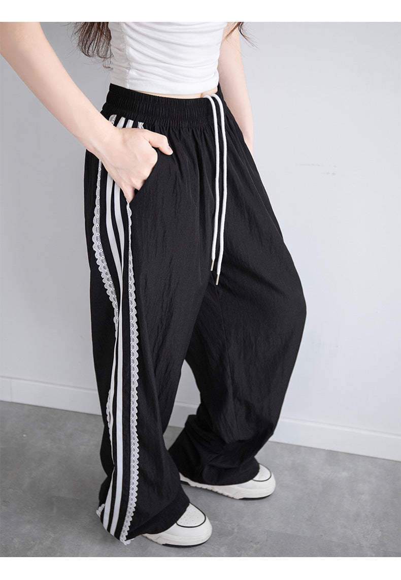 レディース パンツ ボトムス ストレートパンツ ロングパンツ ワイドパンツ ロング ストレート Iライン レース ウエストリボン ポケット ハイウエスト 切り替えデザイン 薄手 シンプル カジュアル おしゃれ こなれ感 メンズライク スポーティー 個性的 主役級 存在感 都会的 ナチュラル 春 夏 秋 ロングシーズン 部活 デート お出かけ 旅行 韓国 オルチャン 楽ちん 美脚 脚長 普段使い インスタ映え 定番 S M L XL ゆったり ゆる 白 ホワイト 黒 ブラック