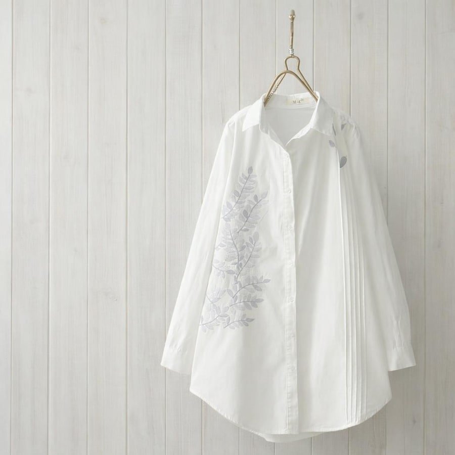 シャツ 長袖 ゆったり 春 体型カバー 春夏 前開き 白 刺繍 襟付き 白シャツ