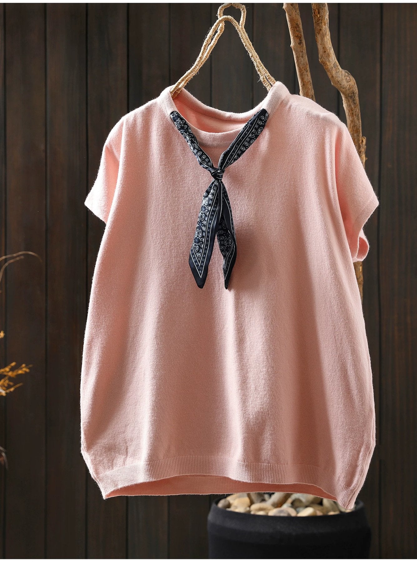 トップス Tシャツ ニット ノースリーブ ゆったり コットン 綿 秋冬 秋 体型カバー 袖なし ラウンドネック 冬 シャツ スカーフ インナー