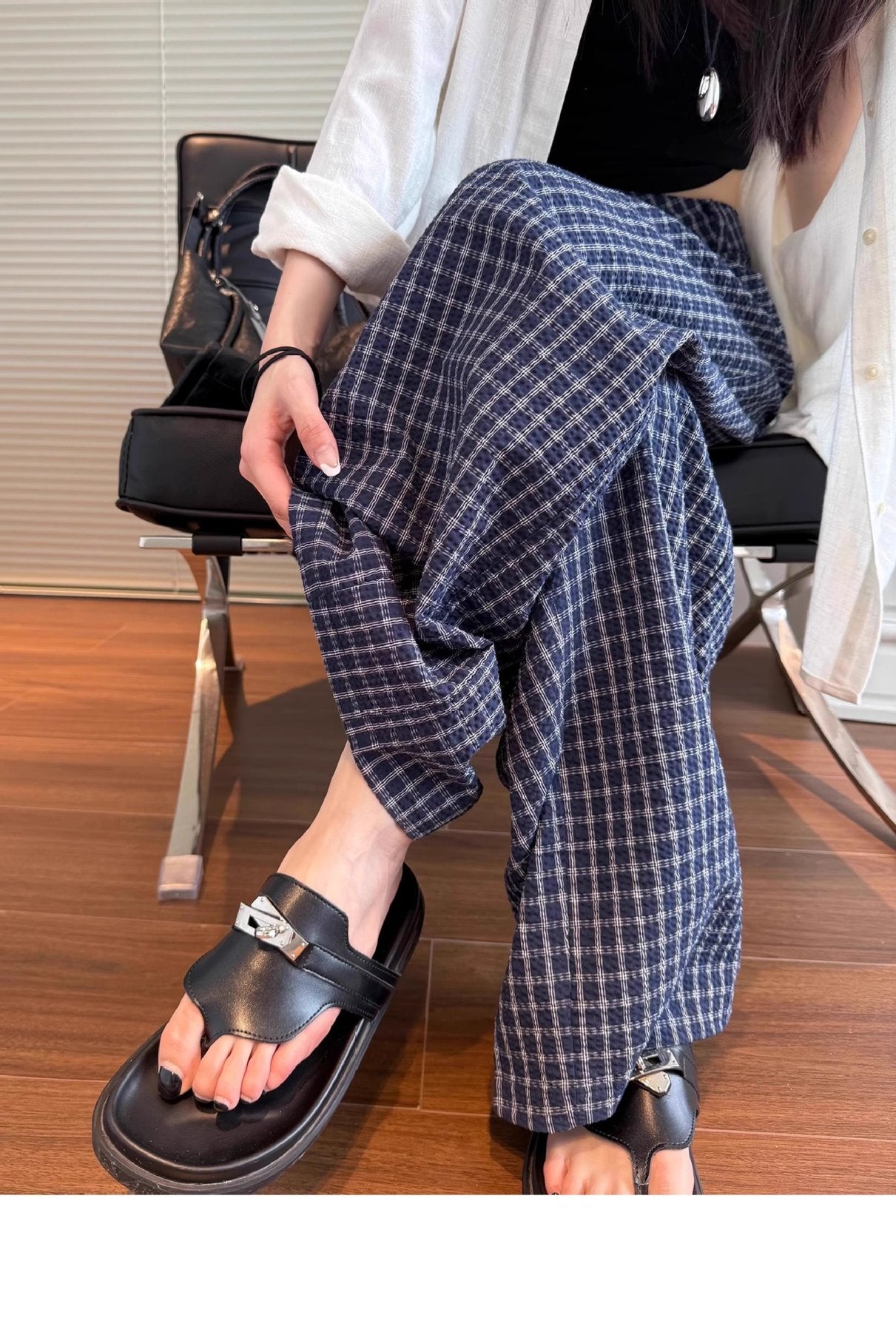 レディース パンツ チェック柄 ゆったり ワイド コットン 綿 春夏 カジュアル 春 夏 ロング 薄手 海 ハイウエスト