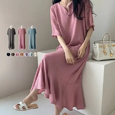 ワンピース ドレス 半袖 無地 春夏 体型カバー Vネック 春 夏 マーメイド シンプル ロング