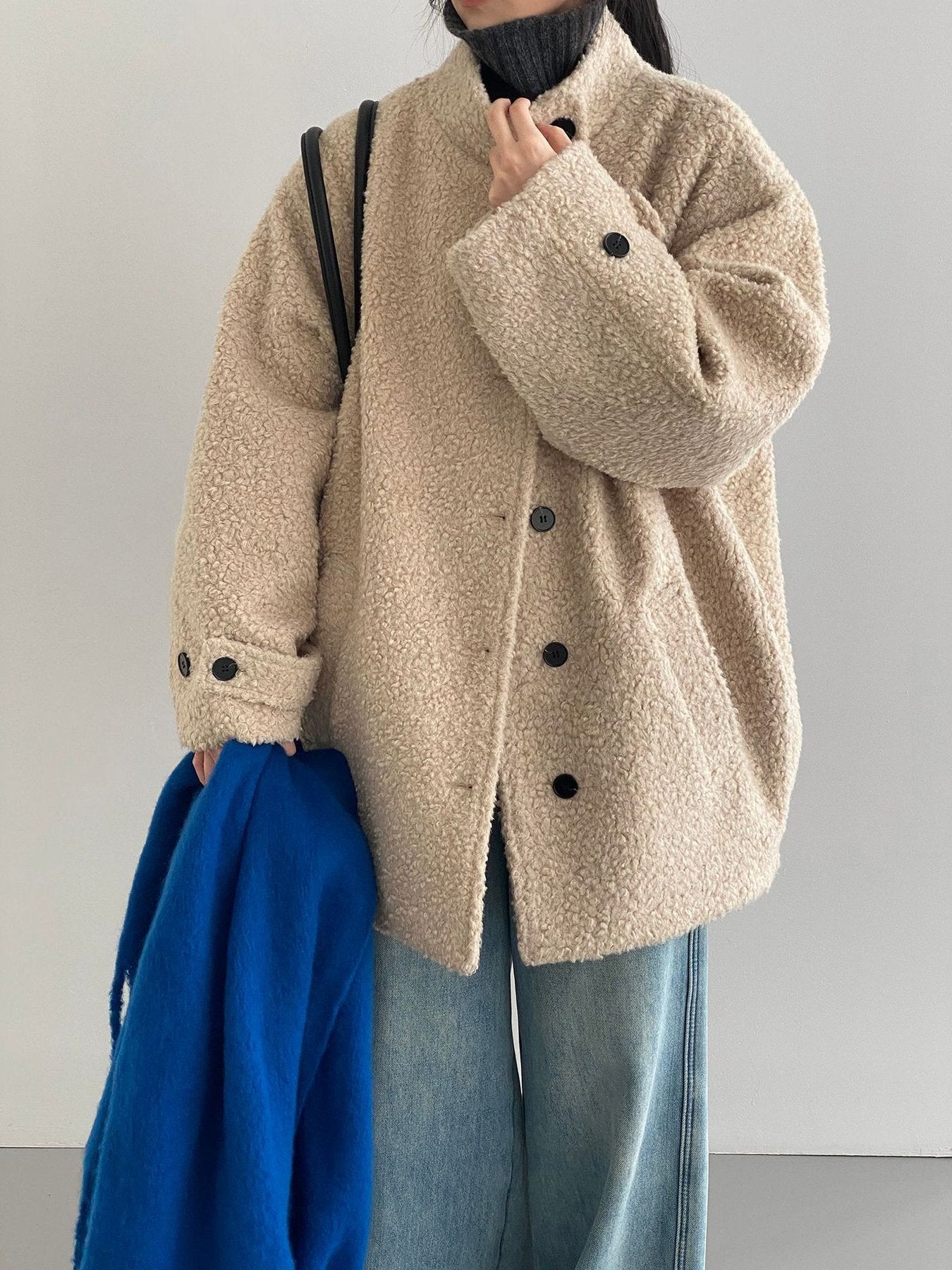レディース コート ジャケット 長袖 無地 ゆったり 秋冬 秋 カジュアル 体型カバー 膝丈 シンプル 冬 ハイネック ウール 厚手 スタンドカラー タイ アウター ボタン ポリエステル 立ち襟