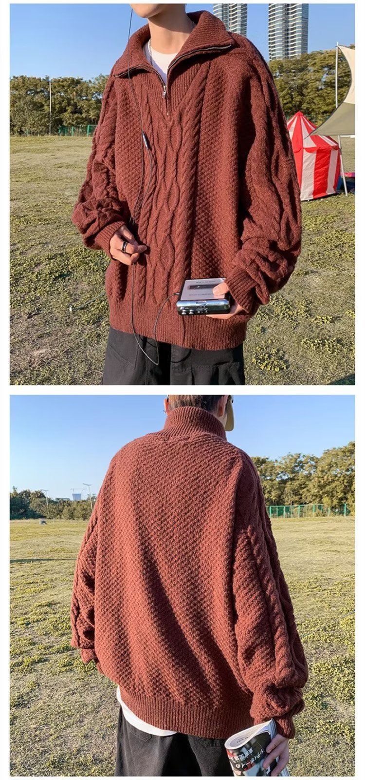 ニット ジャケット 長袖 ゆったり コットン 綿 麻 冬 体型カバー タートルネック セーター ハーフ ヴィンテージ