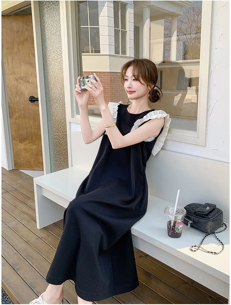 ワンピース ノースリーブ 無地 スリム 春夏 きれいめ 通勤 袖なし 春 レース 夏 ラウンドネック シンプル ロング タイト フリル 大きい 切り替えデザイン 細身 Aライン
