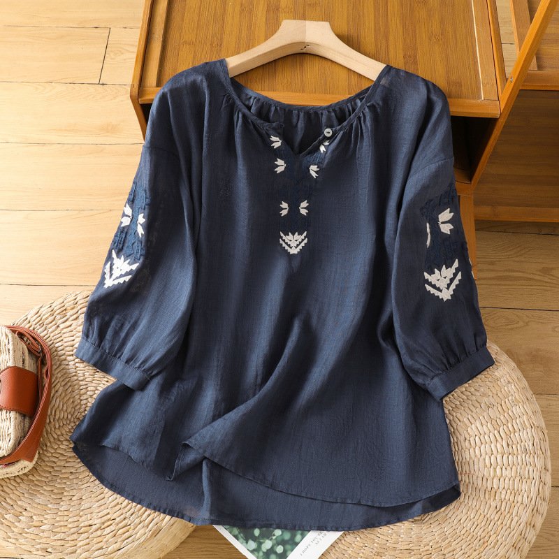 レディース シャツ ゆったり コットン 綿 リネン 春夏 きれいめ 通勤 オフィス 前開き Vネック 春 夏 ラウンドネック 刺繍 エスニック リゾート プルオーバー レギュラー
