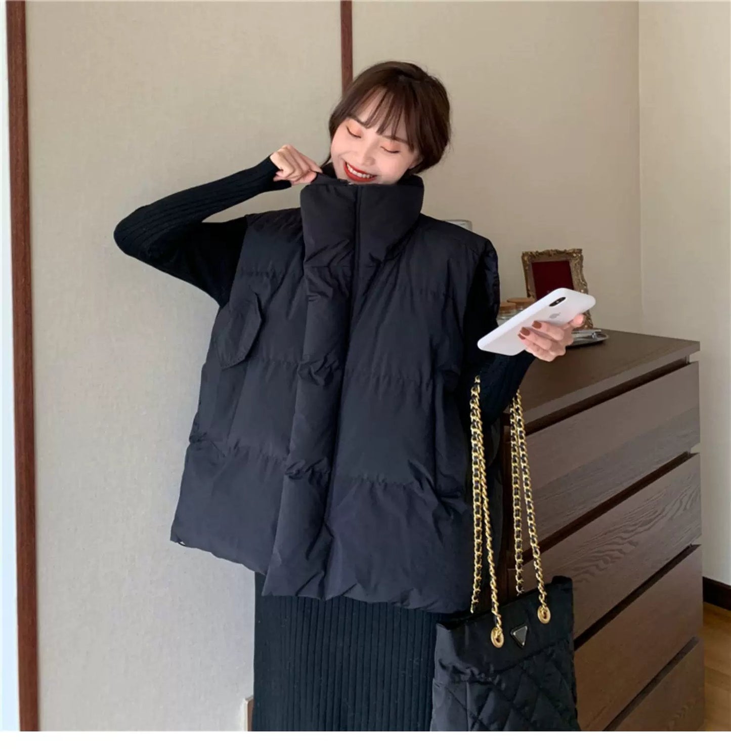 レディース ベスト ジャケット 無地 ゆったり ワイド コットン 綿 秋冬 秋 カジュアル 膝丈 シンプル 冬 ダウン スタンドカラー タイ アウター ポリエステル