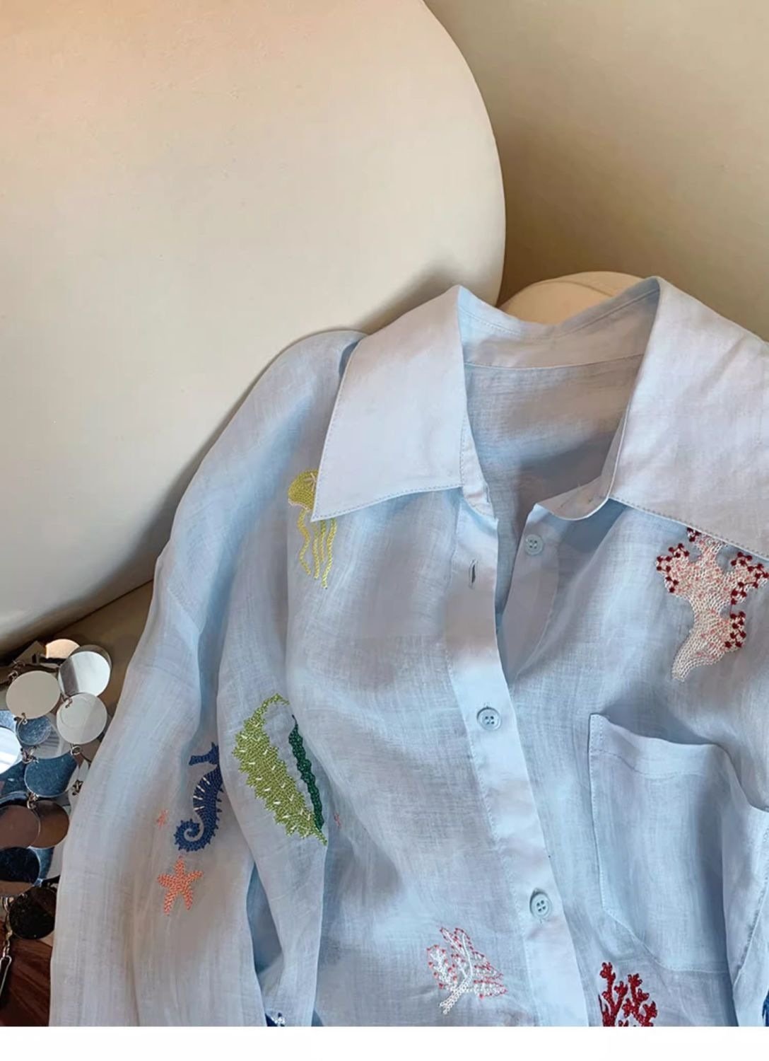 レディース シャツ 半袖 長袖 アニマル柄 春夏 前開き ミニ 春 夏 刺繍 ロング シフォン 切り替えデザイン 襟付き ブルー フェミニン ボタン UVカット