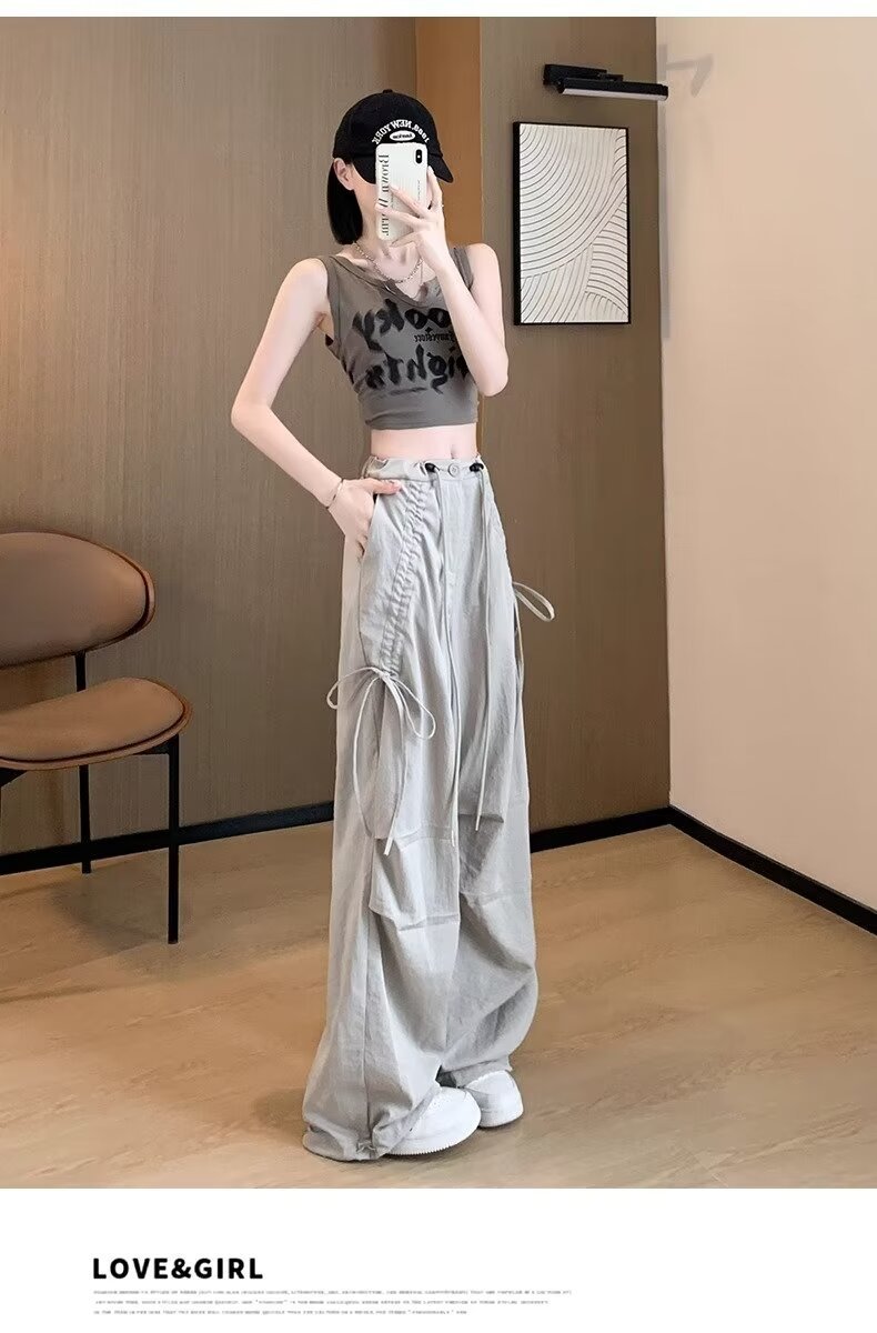 レディース パンツ ワイド カジュアル レトロ ストレート ワークパンツ 切り替えデザイン ストリート ポリエステル