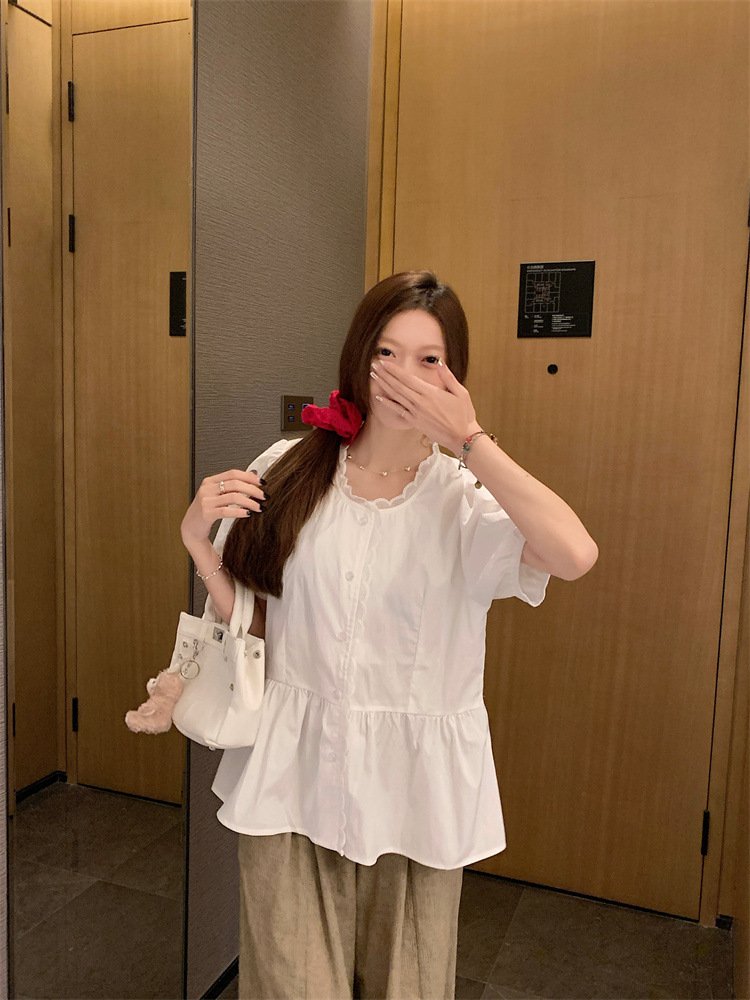 レディース シャツ 半袖 無地 春夏 レトロ 前開き 春 白 夏 ラウンドネック シンプル パフスリーブ レギュラー ポリエステル 白シャツ