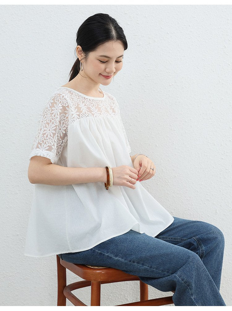 シャツ トップス Tシャツ 半袖 無地 ゆったり 春夏 きれいめ 通勤 大きいサイズ 前開き 春 夏 ラウンドネック レース シンプル 上品
