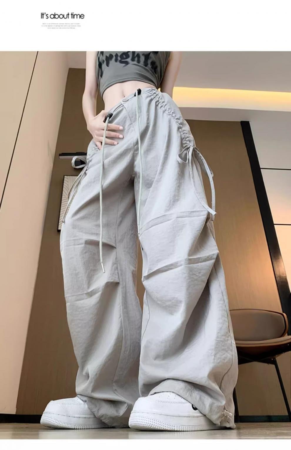 レディース パンツ ワイド カジュアル レトロ ストレート ワークパンツ 切り替えデザイン ストリート ポリエステル