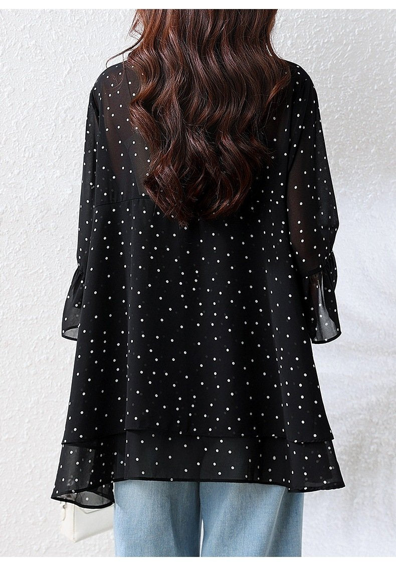 トップス ゆったり 春夏 カジュアル きれいめ 大きいサイズ Vネック 春 夏 上品 切り替えデザイン タイ レギュラー ドット