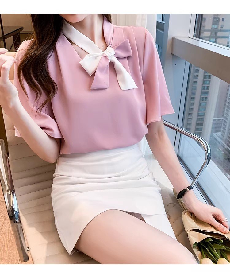 レディース ブラウス シャツ トップス 半袖 長袖 ゆったり 夏 秋冬 春夏 前開き Vネック 秋 冬 シフォン フリル ポリエステル