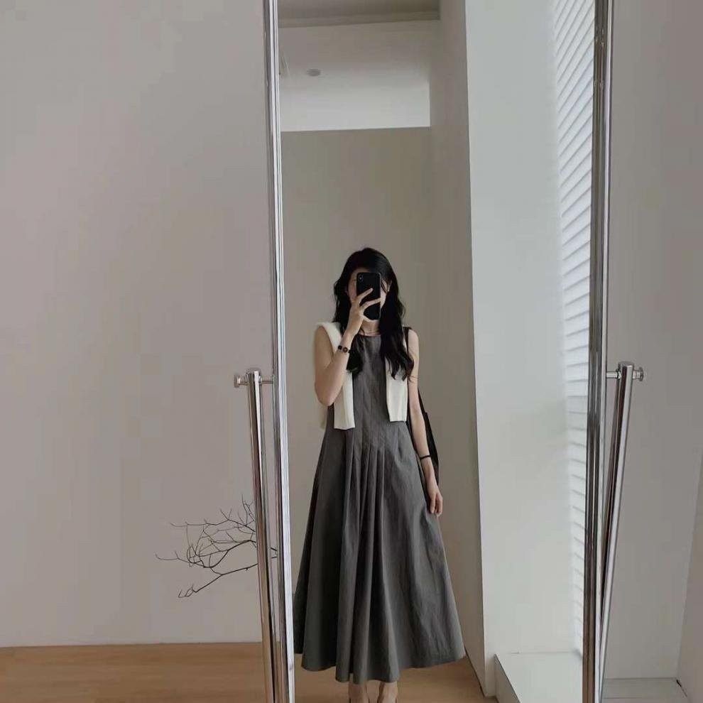 ワンピース ノースリーブ 無地 夏 きれいめ 通勤 春夏 袖なし ラウンドネック シンプル ロング 上品 Aライン