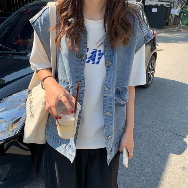 レディース ベスト ノースリーブ ゆったり デニム 春 秋 カジュアル 体型カバー 膝丈 学生 襟付き タイ