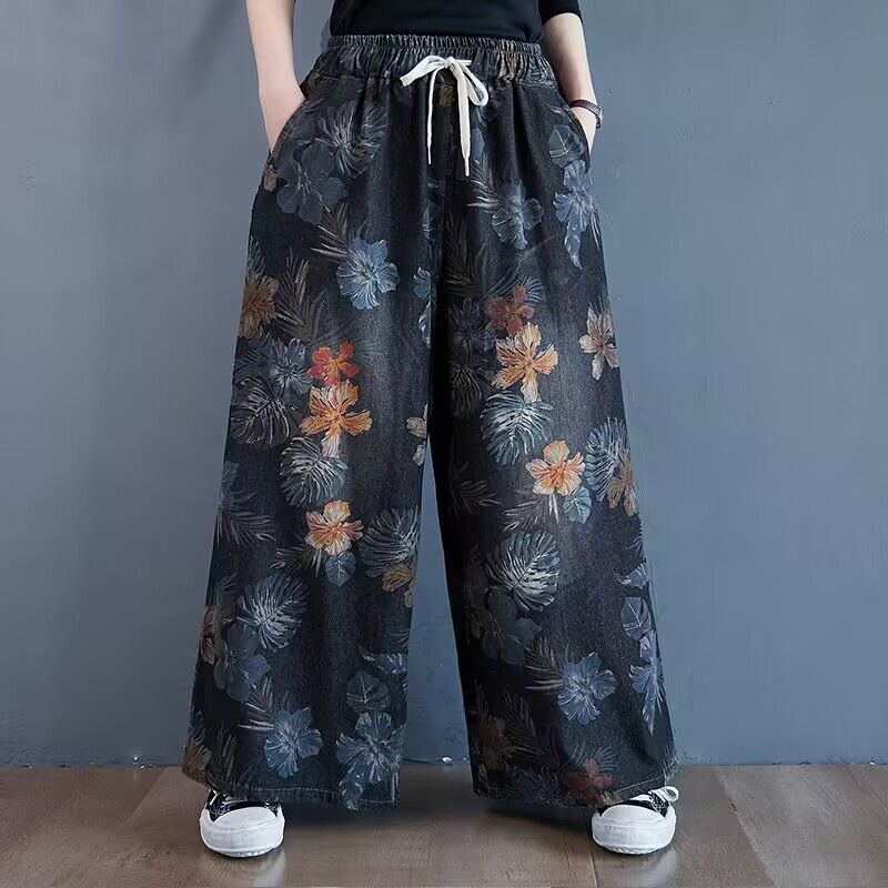 レディース パンツ ゆったり デニム 秋冬 秋 レトロ 大きいサイズ ボトムス 冬 ストレートパンツ ストレート エスニック デニムパンツ