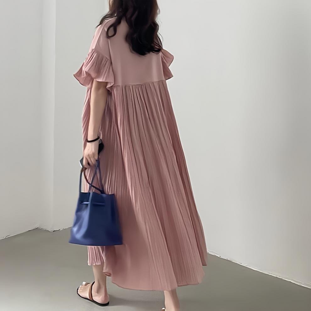 ワンピース 長袖 無地 夏 秋 春夏 プリーツ 韓国ファッション ラウンドネック シンプル リゾート 冬 ロング フリル