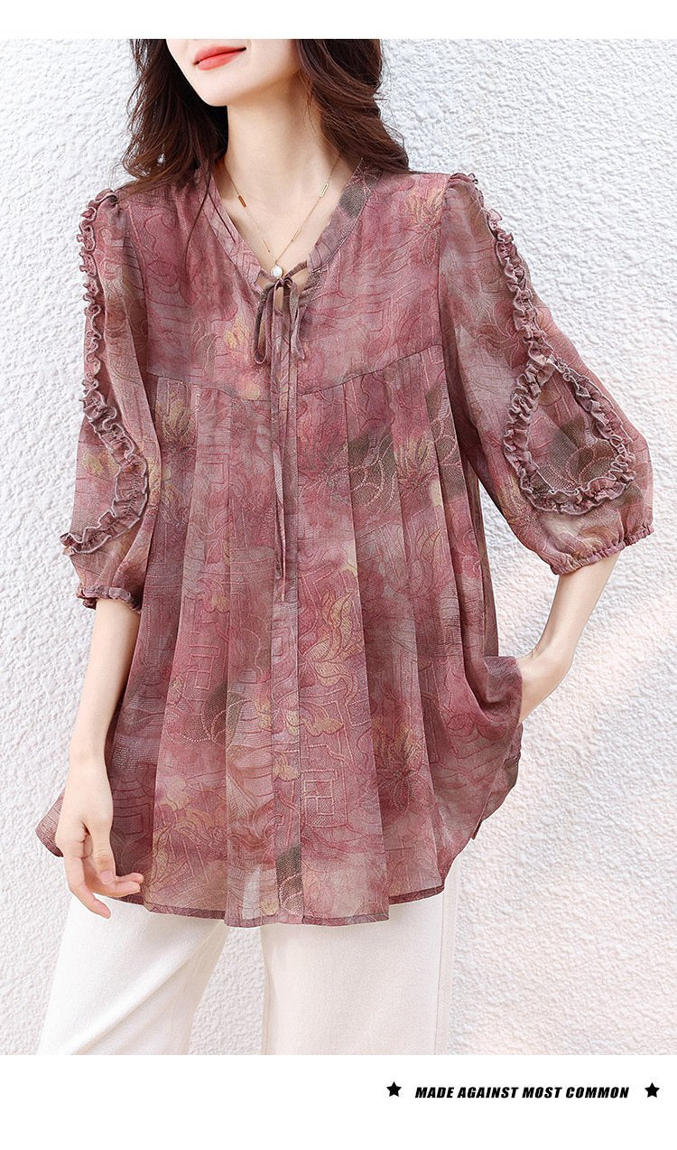 トップス 長袖 ゆったり 春夏 カジュアル きれいめ レトロ 体型カバー Vネック プリーツ 春 夏 ミモレ 上品 切り替えデザイン ポリエステル 着痩せ