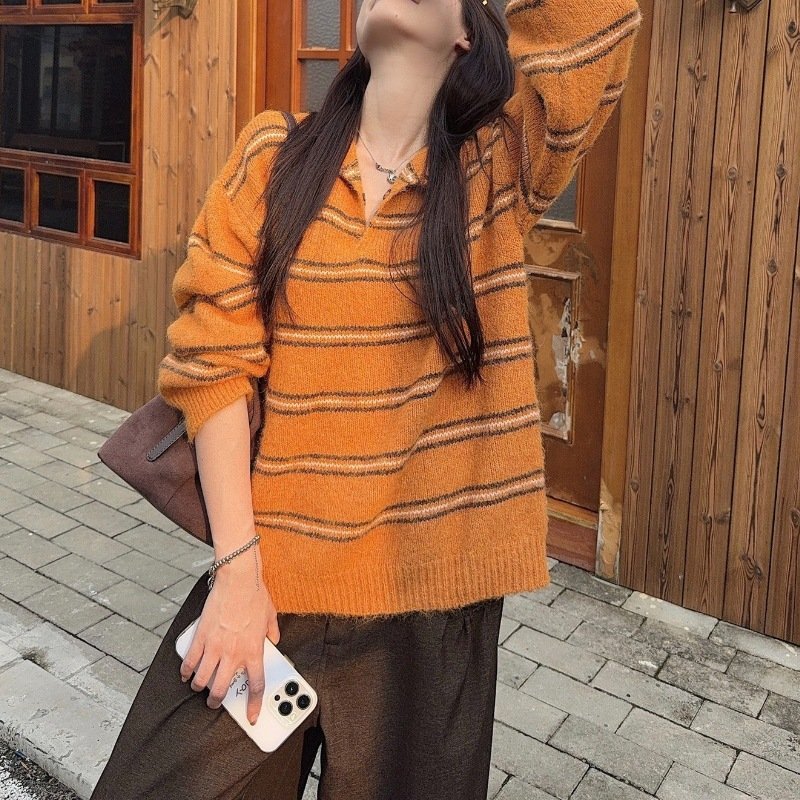 レディース ニット 長袖 ボーダー ストライプ チェック柄 ゆったり 秋冬 秋 ミニ 膝丈 冬 セーター ゆる プルオーバー 襟付き バイカラー フェミニン タイ ポリエステル