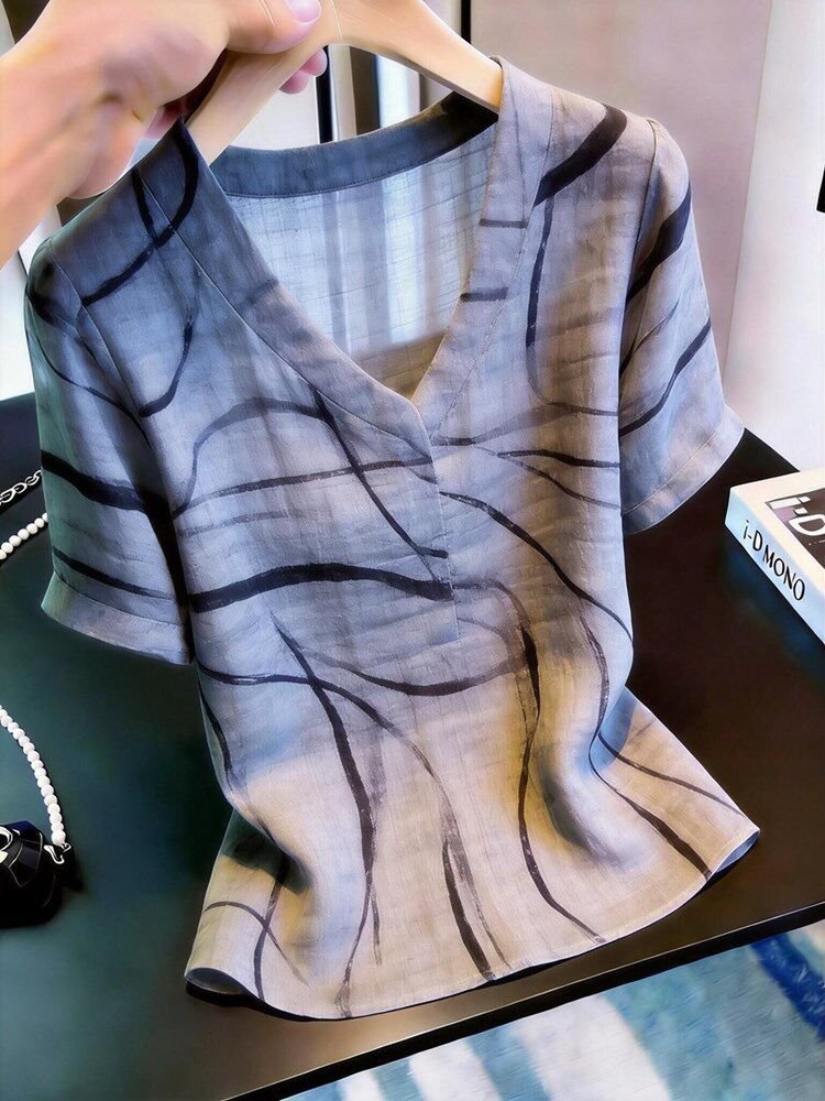 レディース シャツ トップス 半袖 春夏 きれいめ レトロ 通勤 前開き Vネック 春 夏 グレー 都会的 ラグジュアリー レギュラー ボタン ポリエステル