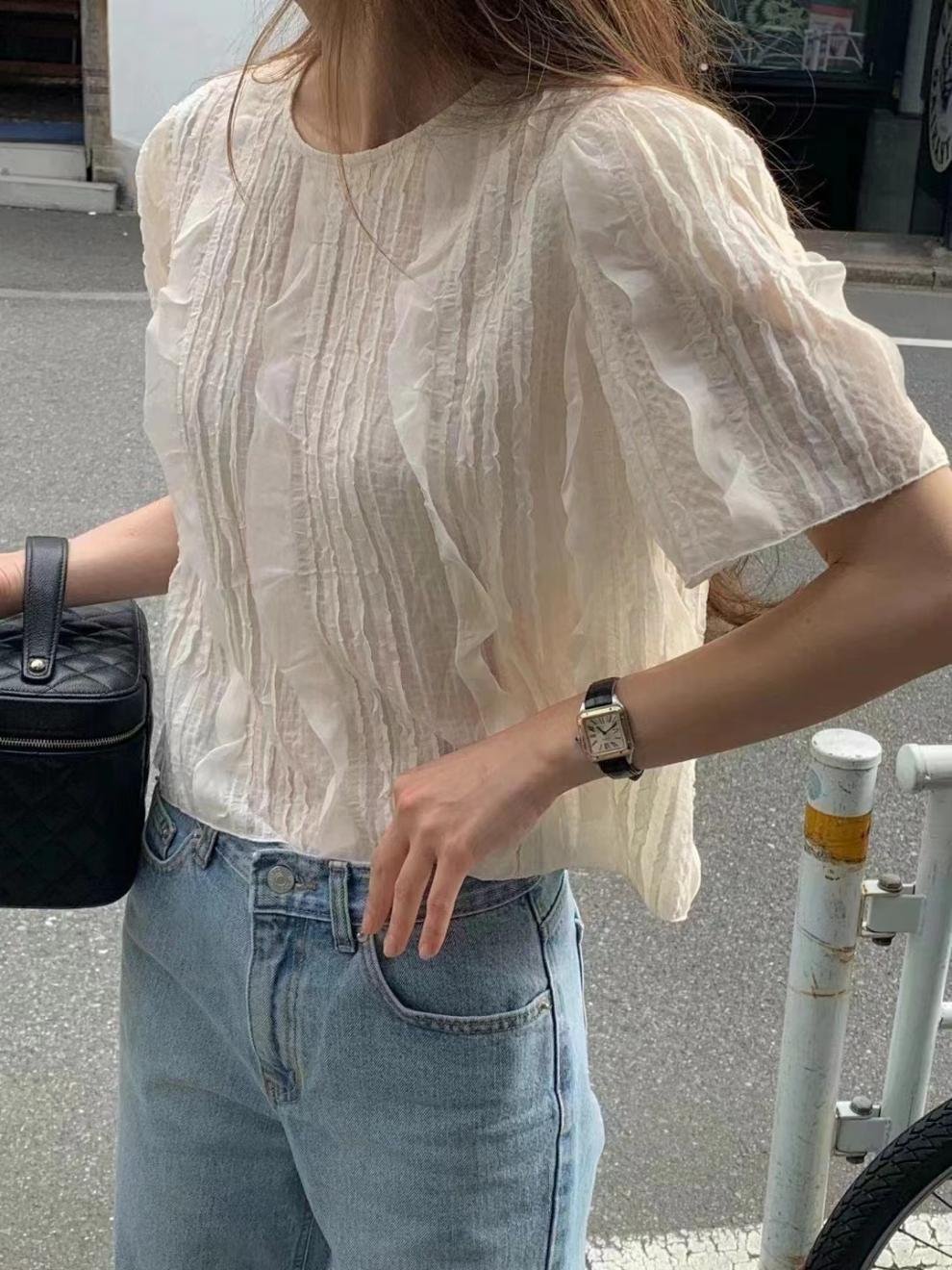 レディース シャツ トップス 無地 ゆったり 春夏 カジュアル きれいめ 韓国風 前開き 春 ショート 夏 ラウンドネック シンプル 上品 切り替えデザイン タイ ポリエステル