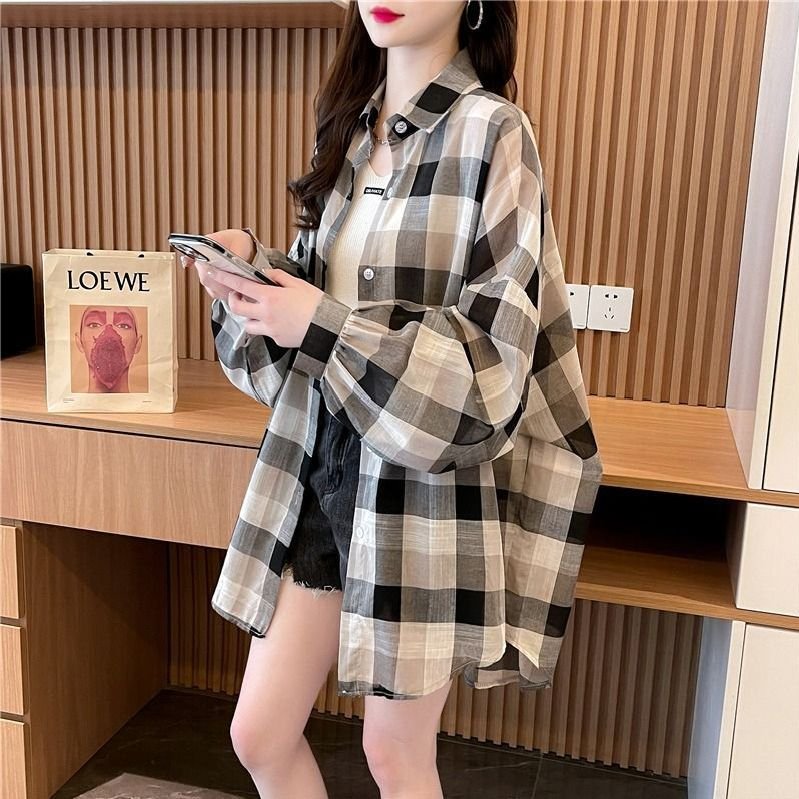 シャツ コート 長袖 チェック柄 ゆったり 春夏 カジュアル 前開き 春 夏 ミモレ ロング 薄手 ミディアム ポリエステル