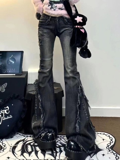レディース パンツ コットン 綿 デニム 秋冬 秋 カジュアル レトロ フレア ショート 冬 グレー デニムパンツ フリンジ