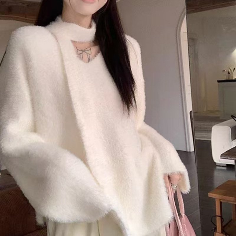 レディース ニット 長袖 無地 ゆったり 秋冬 秋 カジュアル Vネック 膝丈 シンプル 冬 ファー セーター ポリエステル
