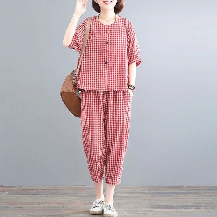 レディース パンツ チェック柄 コットン 綿 春夏 カジュアル レトロ 大きいサイズ ボトムス 春 夏 ブラック ミモレ パフスリーブ 9分丈 レッド スーツ ポリエステル