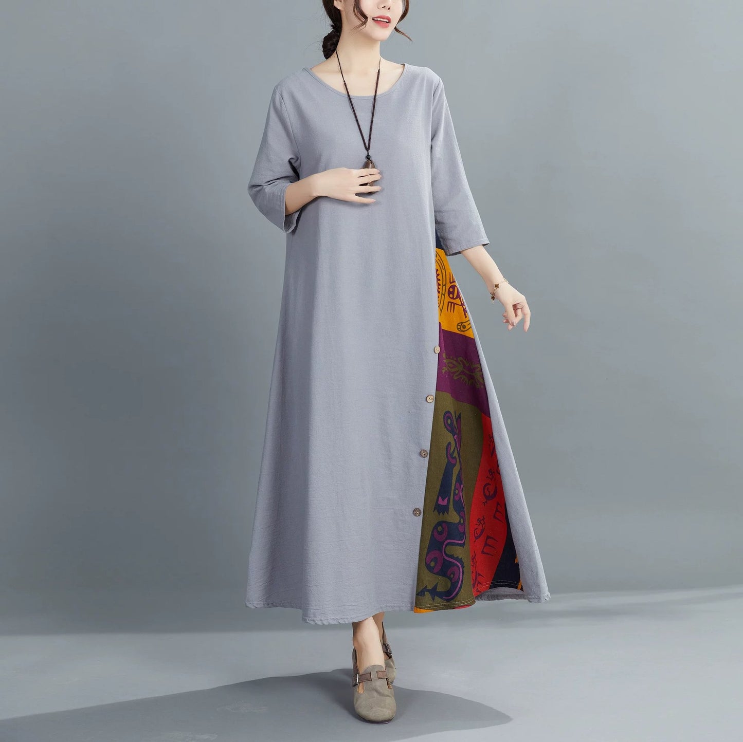 トップス 花柄 無地 春夏 きれいめ レトロ 春 夏 ラウンドネック 秋 シンプル 上品 ロング ステッチ ボタン ポリエステル