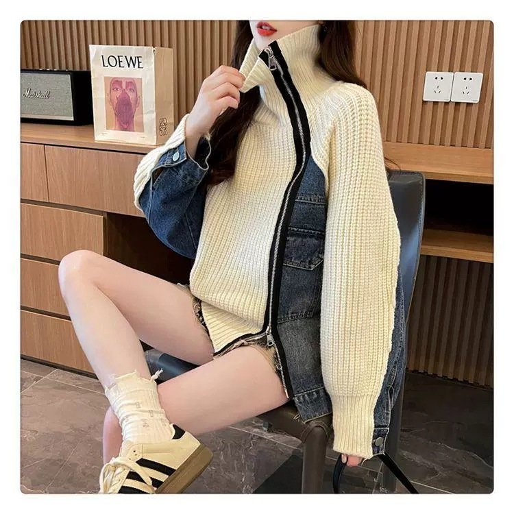 レディース ニット カーディガン コート 長袖 ゆったり デニム 秋 体型カバー 膝丈 セーター 襟付き ファスナー