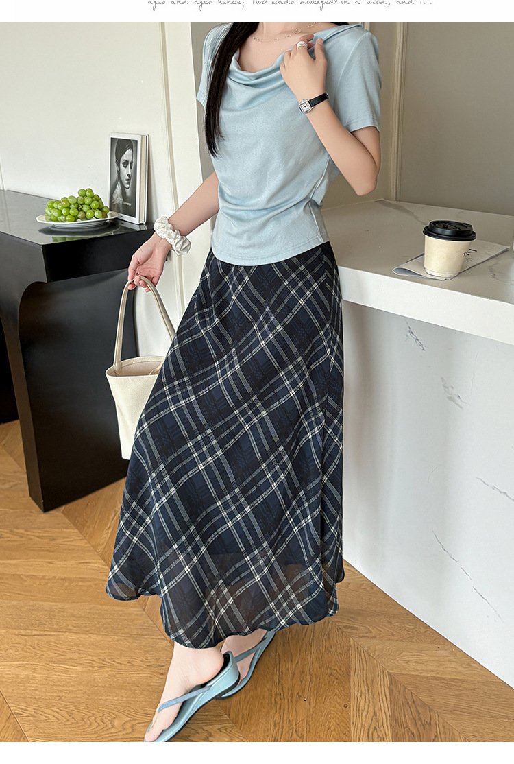 レディース スカート チェック柄 スリム 春夏 カジュアル きれいめ 春 夏 ロング シフォン 切り替えデザイン ハーフ ブルー ハイウエスト ストレッチ ロングスカート