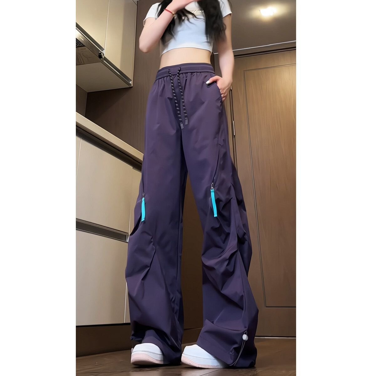 レディース パンツ 秋冬 秋 カジュアル アメリカン 冬 紫 ロング 薄手 切り替えデザイン ハイウエスト 速乾 ポリエステル