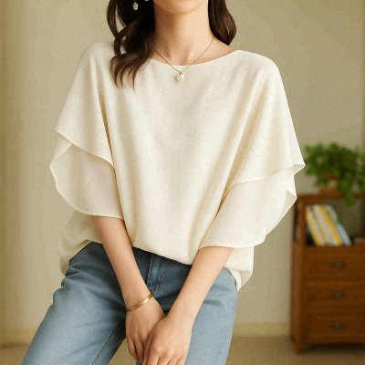 ブラウス 半袖 無地 ゆったり 春夏 カジュアル 体型カバー 前開き 春 夏 ラウンドネック シンプル シフォン 切り替えデザイン シフォンブラウス レギュラー 丸首