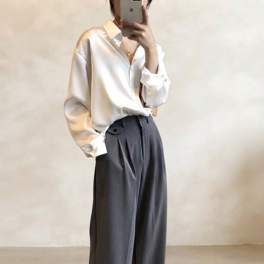 シャツ 長袖 無地 ゆったり 夏 秋冬 カジュアル きれいめ 春夏 前開き ミニ 白 秋 シンプル 冬 上品 サテン タイ レギュラー ポリエステル 白シャツ