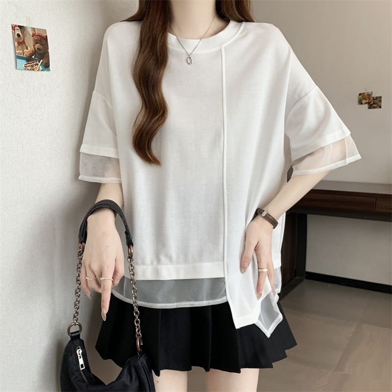 レディース Tシャツ 半袖 ゆったり 春夏 カジュアル 春 夏 ラウンドネック シャツ 切り替えデザイン ステッチ レギュラー