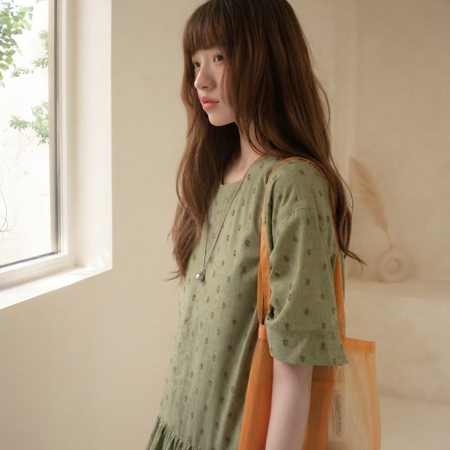ワンピース 半袖 春夏 カジュアル きれいめ レトロ 体型カバー 通勤 春 夏 ラウンドネック ドット ロング Aライン