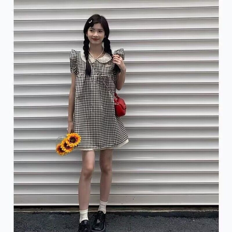 ワンピース ノースリーブ チェック柄 春夏 袖なし 春 ショート 夏 タイト フリル 細身 Aライン