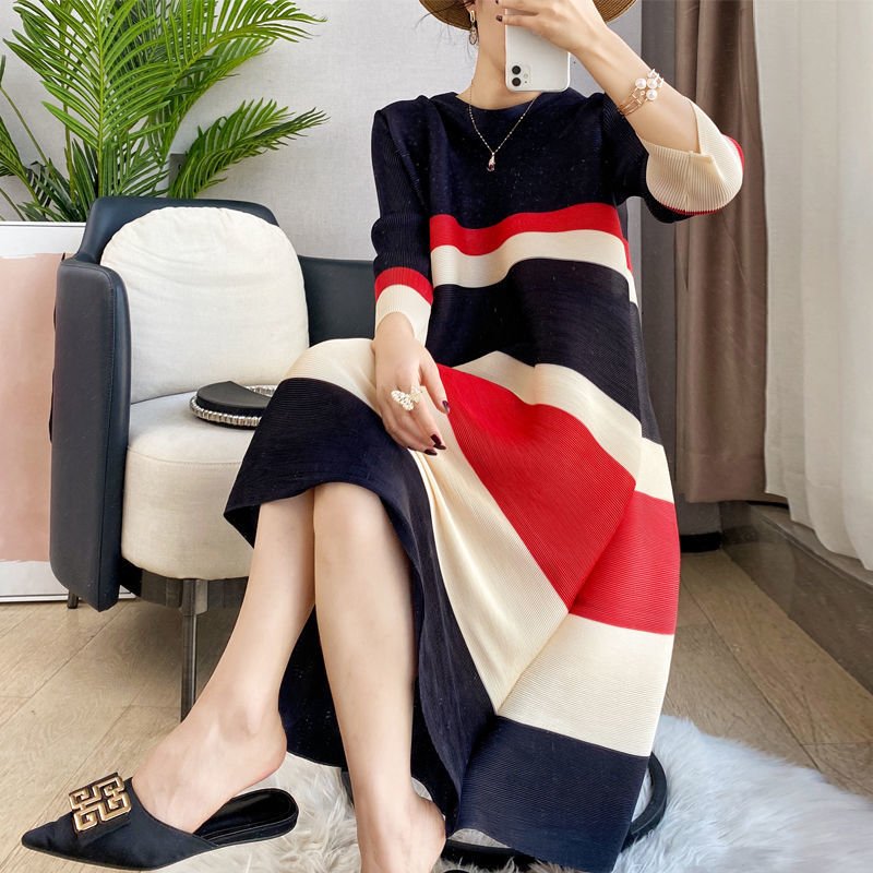 ワンピース ドレス 春夏 きれいめ 通勤 プリーツ 春 夏 ラウンドネック シンプル ロング 大きい Aライン ハイウエスト セクシー