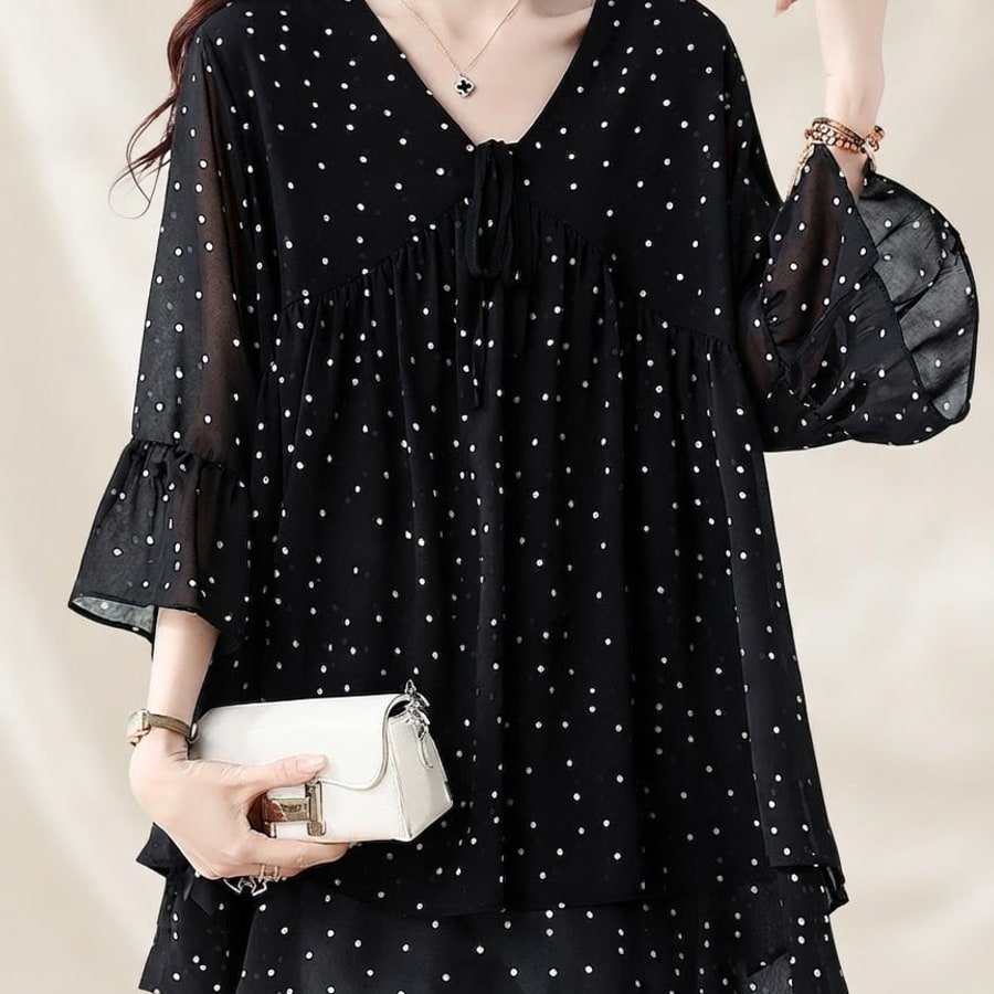 トップス ゆったり 春夏 カジュアル きれいめ 大きいサイズ Vネック 春 夏 上品 切り替えデザイン タイ レギュラー ドット