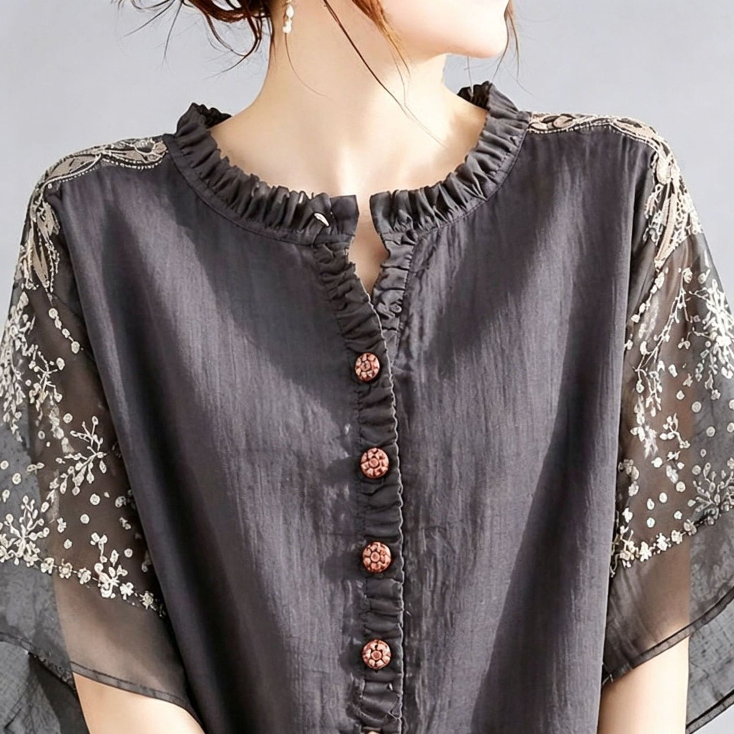 シャツ 半袖 ゆったり 春夏 カジュアル 体型カバー 前開き 春 夏 ラウンドネック レース 切り替えデザイン レギュラー ボタン